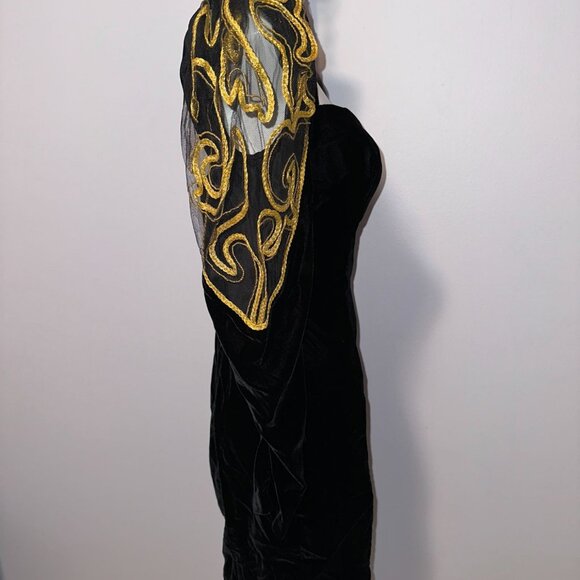 Vtg 80s Shamash Yofi Black Velvet Dress Puff Sleeves Gold Soutache Open Back 10 - Picture 3 of 6